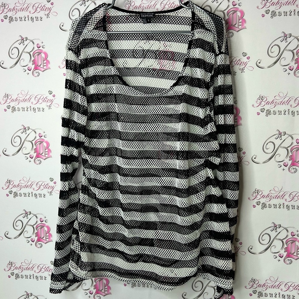 Tripp NYC long sleeve mesh fish net Black and White Striped Blouse swoop neck